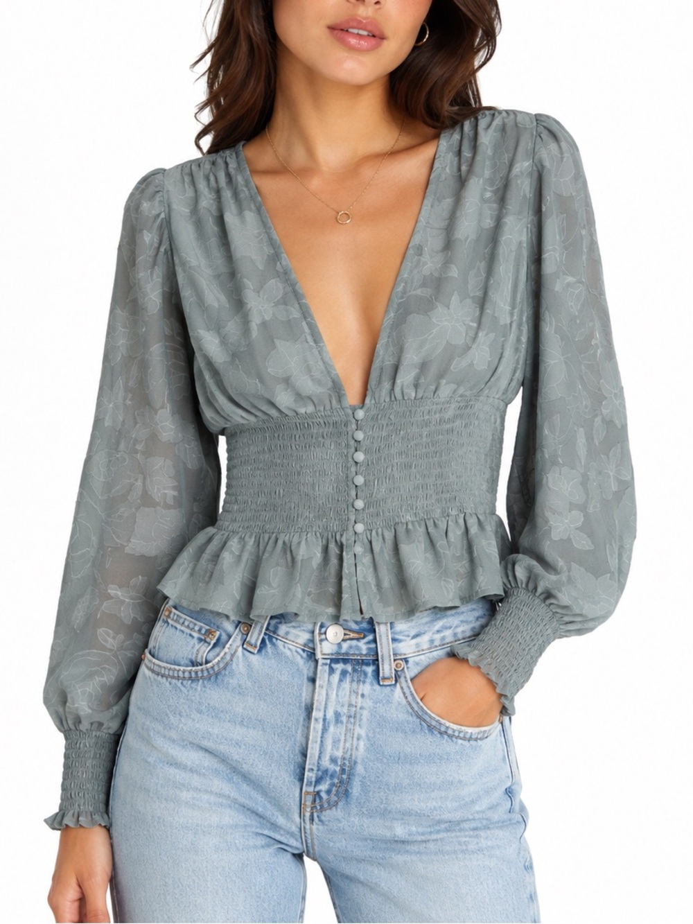 Forever 21 Sheer Teal Blouse with Smocked Waist size small